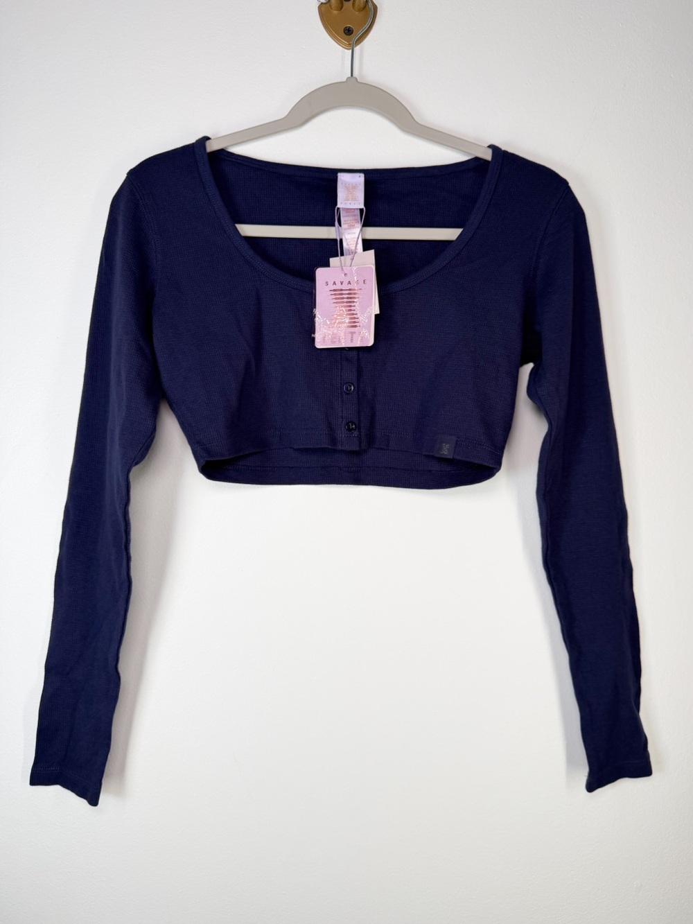 NWT Savage X Fenty Long Sleeve Cropped Blue Waffle Knit Henley Top Womens Medium